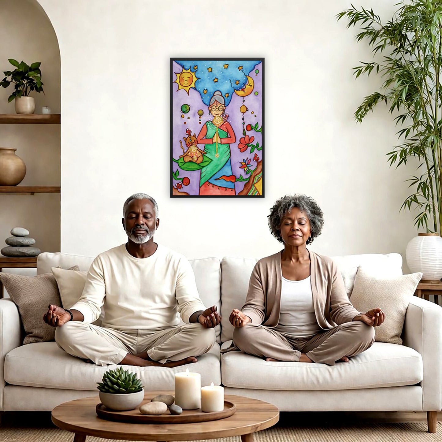 Framed poster of woman in standing prayer meditation with glowing throat chakra under sun and moon. Her cat is meditating beside her.  A couple is meditating on their couch. The poster is framed on a wall behind them. There is a coffee table in front with candles burning and a potted plant. There is a potted plant to the right and shelves on the left.
