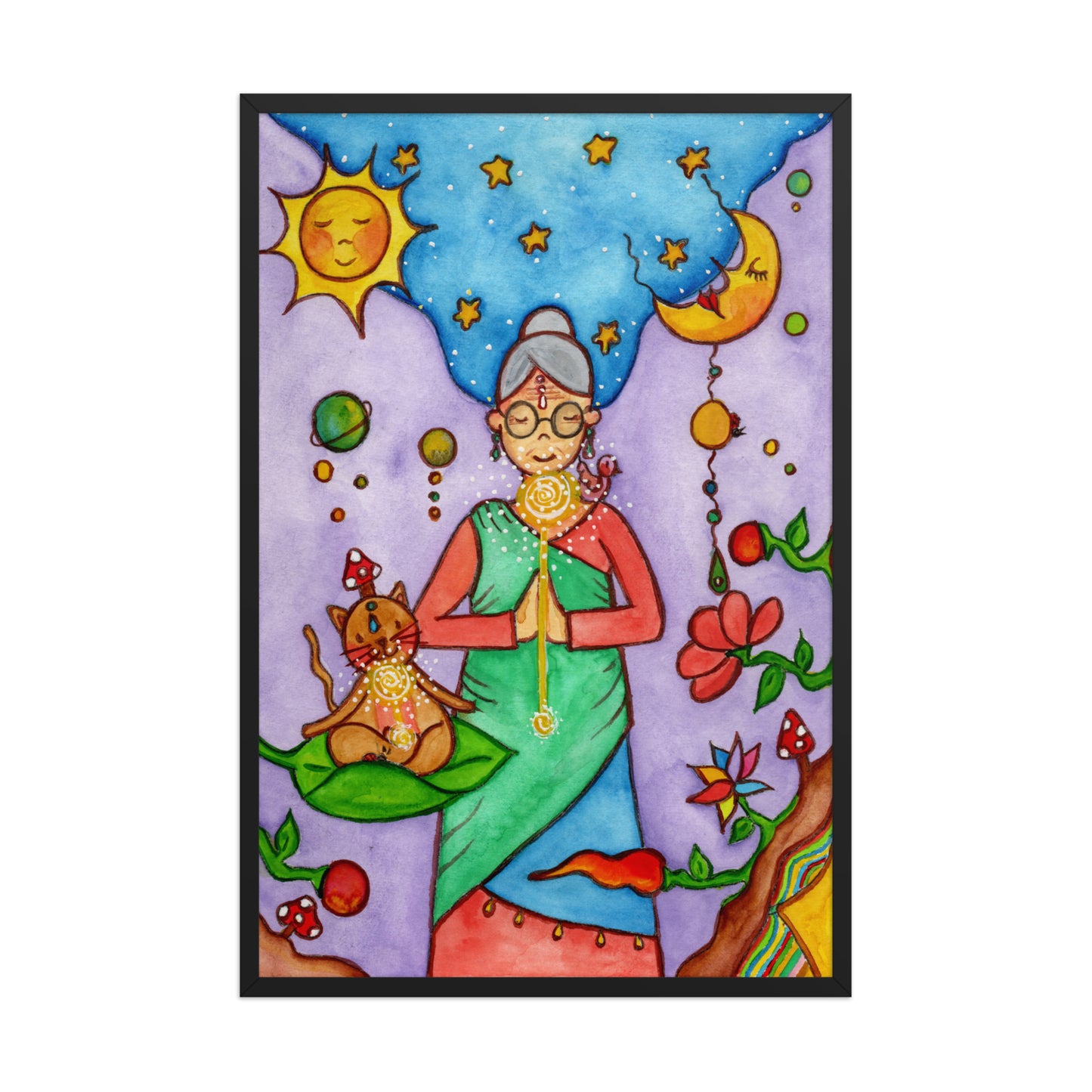 Framed poster of woman in standing prayer meditation with glowing throat chakra under sun and moon. Her cat is meditating beside her.  This is a print of the original hand-painted watercolor by Brazilian artist Thaís Suizo for the LET'S MEDITATE SERIES of mediation guides.