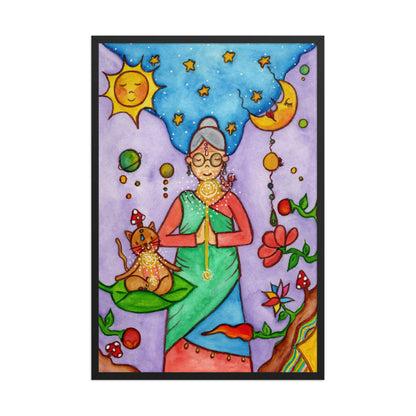 Framed poster of woman in standing prayer meditation with glowing throat chakra under sun and moon. Her cat is meditating beside her.  This is a print of the original hand-painted watercolor by Brazilian artist Thaís Suizo for the LET'S MEDITATE SERIES of mediation guides.