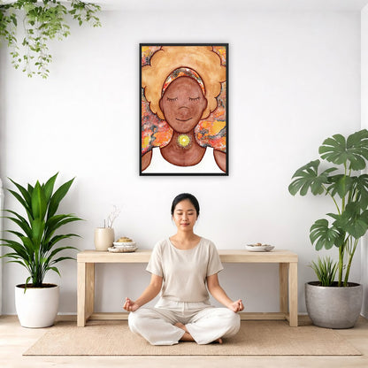 Framed poster of a woman mediating with a glowing throat chakra.  The poster is in the center of the living room wall. There is a woman meditating facing away from the wall. Behind her is a coffee table with incense and a Buddha statue. There are potted plants on the right and left side of the background.