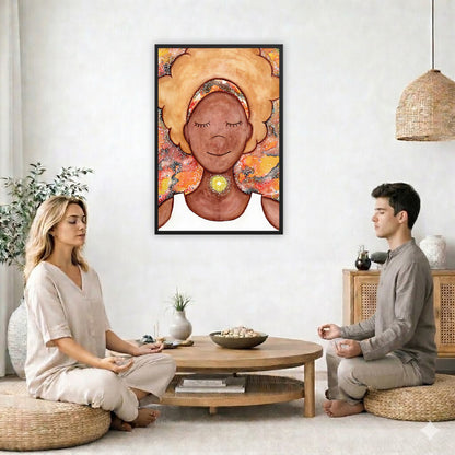 Framed poster of a woman mediating with a glowing throat chakra.  The poster is in the center of the living room wall. Two friends are sitting on wicker pillows meditating. Between them is a small round coffee table with incense, a green potted plant and a bowl of shells. There is a potted plant to the left and a Buddha statue and a vase to the right. 