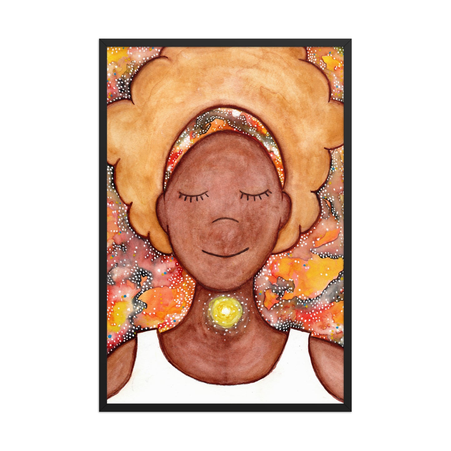 Framed poster of a woman mediating with a glowing throat chakra.  This is a thumbnail of the original hand-painted watercolor by Brazilian artist Thaís Suizo for the LET'S MEDITATE SERIES of mediation guides.