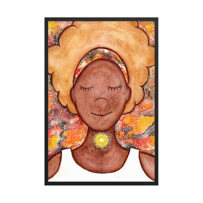 Framed poster of a woman mediating with a glowing throat chakra.  This is a thumbnail of the original hand-painted watercolor by Brazilian artist Thaís Suizo for the LET'S MEDITATE SERIES of mediation guides.
