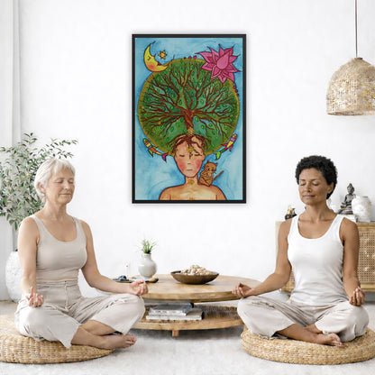 Framed poster of the crown chakra of a woman opening up like the tree of life. A cat is on her shoulder.  The poster is in the center of the living room wall. Two women are sitting on a giant pillow having a coffee. Beside them is a small tray with a pot of coffee and incense. To the left is a green floor plant and a hanging green plant. To the right of them is a green floor plant.