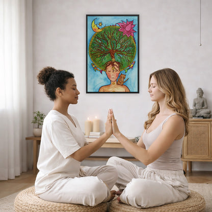 Framed poster of the crown chakra of a woman opening up like the tree of life. A cat is on her shoulder.  The poster is in the center of the living room wall. Two women are sitting on wicker pillows face to face with their hands pressing against one another, transferring healing energy. Behind them is a coffee table with two burning candles, some books and a potted plant. To the left is a cabinet with a Buddha statue on it.