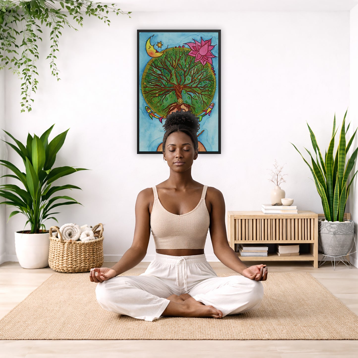Framed poster of the crown chakra of a woman opening up like the tree of life. A cat is on her shoulder. The poster is in the center of the living room wall. There is a woman meditating facing away from the wall. Behind her is a coffee table with incense and a Buddha statue. There are potted plants on the right and left side of the background.
