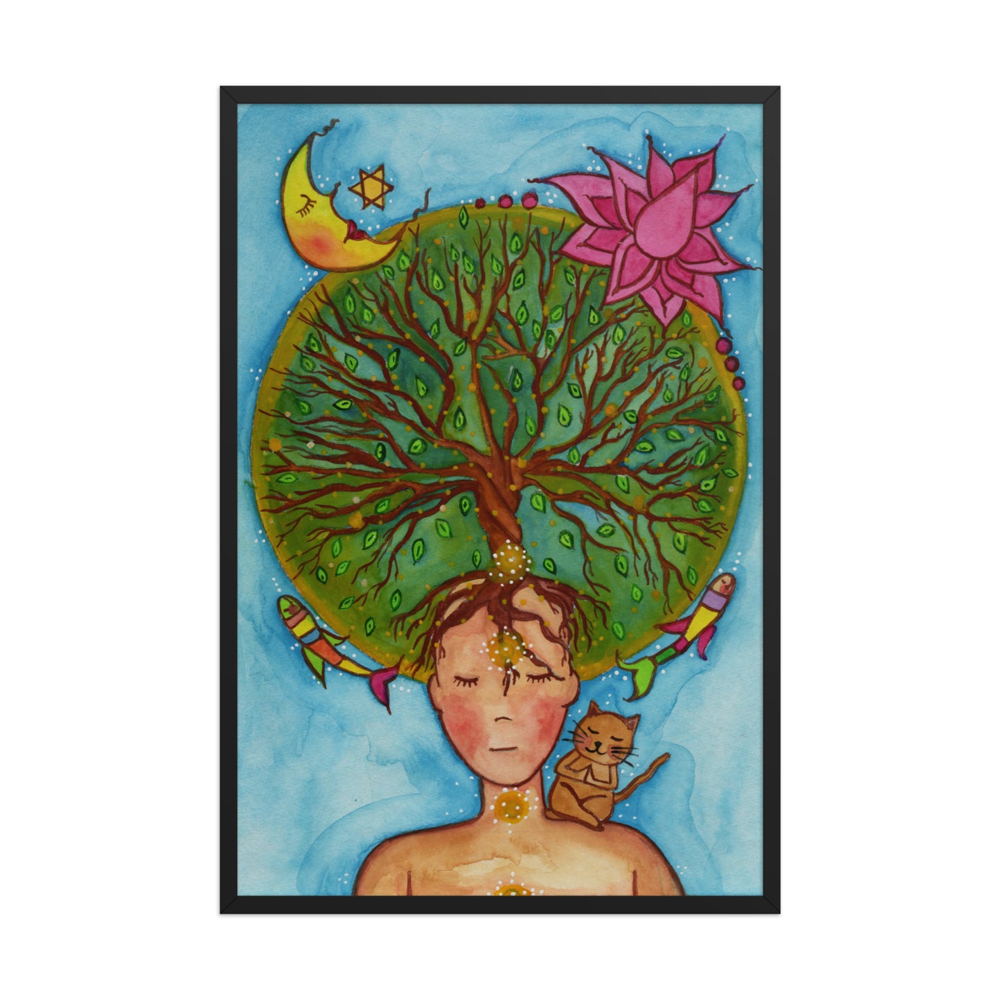 Framed poster of the crown chakra of a woman opening up like the tree of life. A cat is on her shoulder.  This is a print of the original hand-painted watercolor by Brazilian artist Thaís Suizo for the LET'S MEDITATE SERIES of mediation guides.