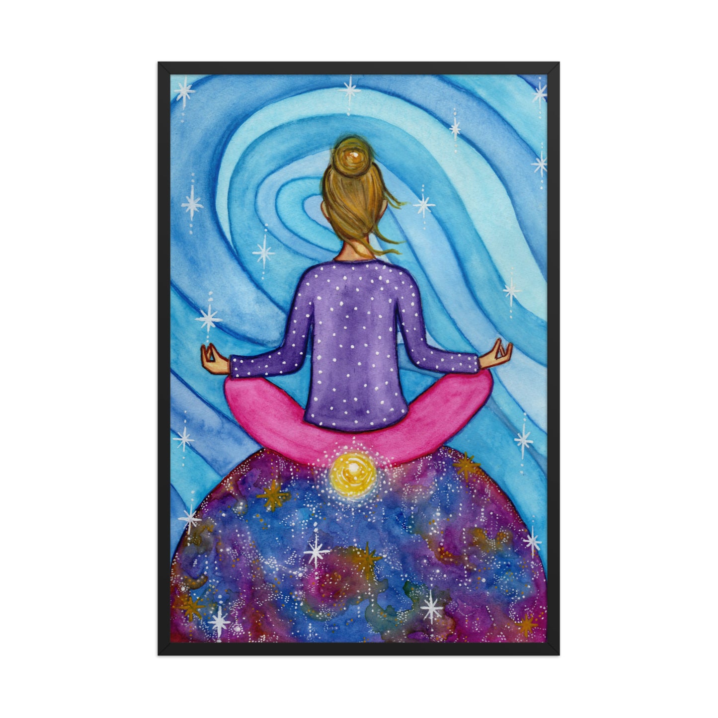 Framed poster of a woman meditating on top of the world with her root chakra glowing. This is a print of the original hand-painted watercolor by Brazilian artist Thaís Suizo for the LET'S MEDITATE SERIES of mediation guides. 