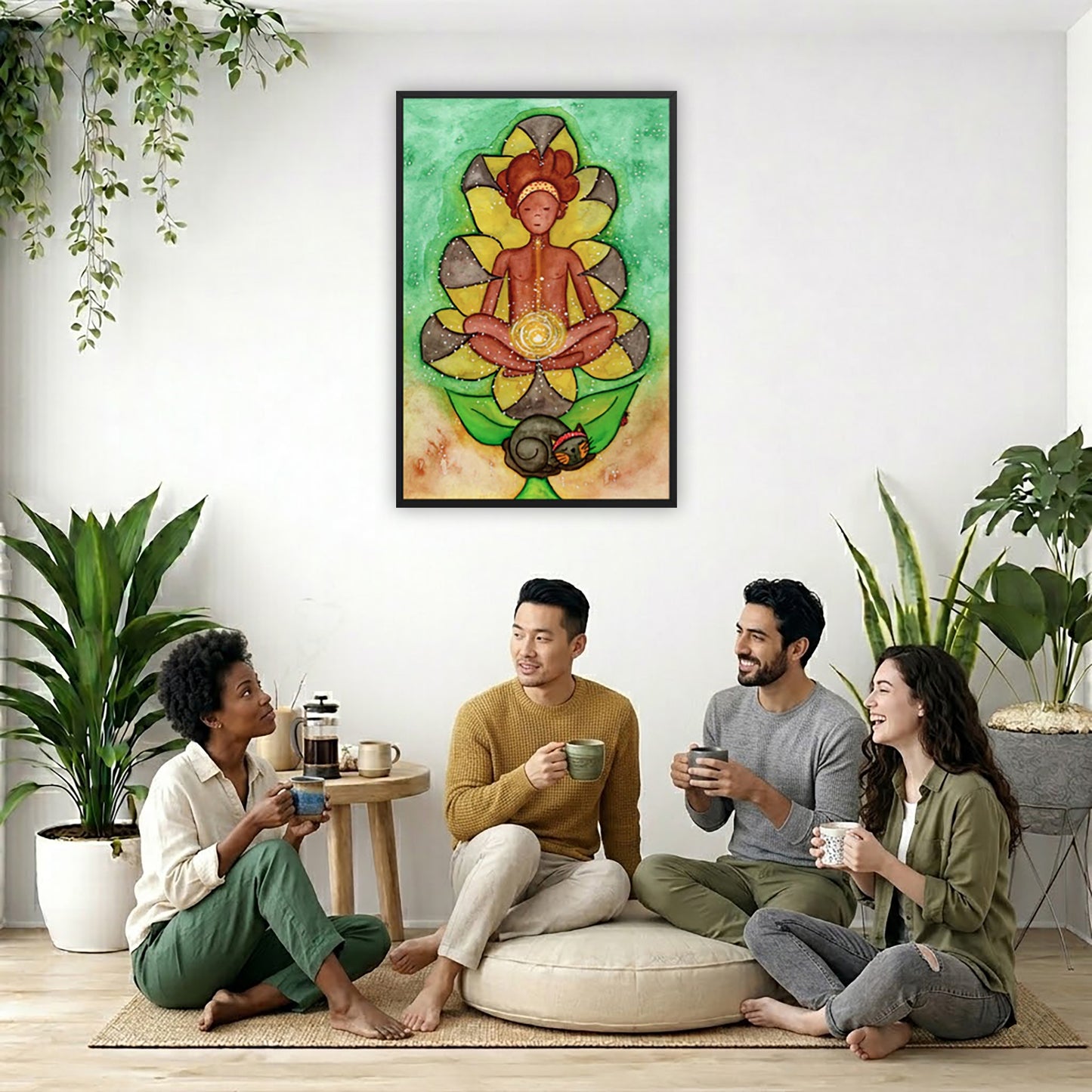 Poster of a woman's sacral chakra glowing and the energy around her.  The poster is in the center of the living room wall. Four friends are sitting on the living room carpet below the poster. They are drinking coffee. To the left is a green floor plant and a hanging green plant. To the right of them is a green floor plant.
