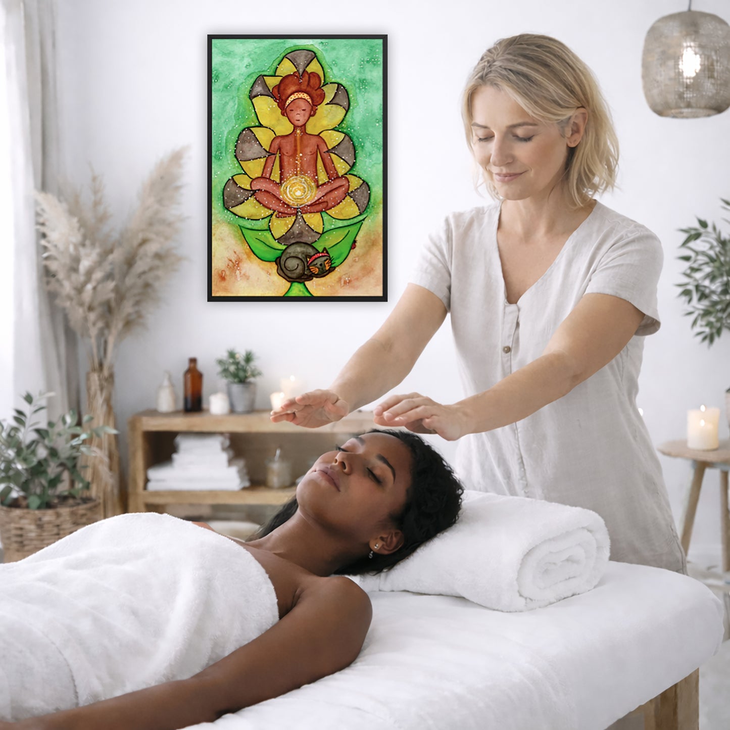 Poster of a woman's sacral chakra glowing and the energy around her.  The poster is on the wall of the office of a reiki master. The master is giving her client a massage. The client is lying face up on a massage table wearing a white towel. To the left is a window, floor plant and vase of dry flora. There is a shelf underneath the poster with candles burning. On the right side there is a candle burning and a lamp hanging from the ceiling.