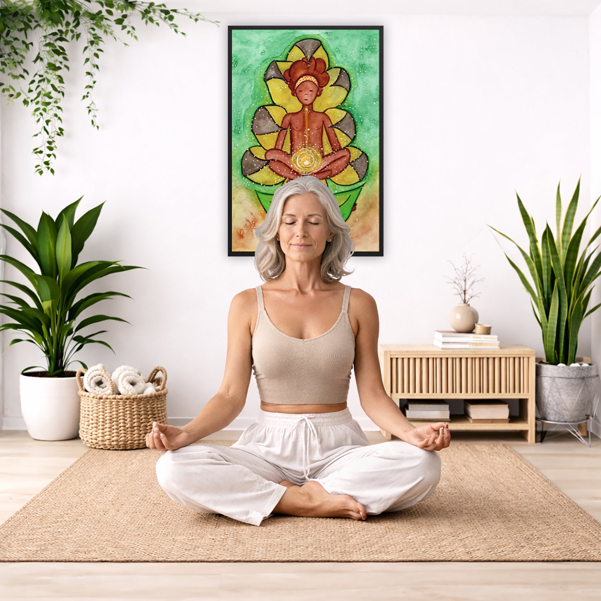 Poster of a woman's sacral chakra glowing and the energy around her.  The poster is in the center of the living room wall. There is a woman meditating facing away from the wall. Behind her is a coffee table with incense and a Buddha statue. There are potted plants on the right and left side of the background.
