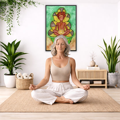 Poster of a woman's sacral chakra glowing and the energy around her.  The poster is in the center of the living room wall. There is a woman meditating facing away from the wall. Behind her is a coffee table with incense and a Buddha statue. There are potted plants on the right and left side of the background.
