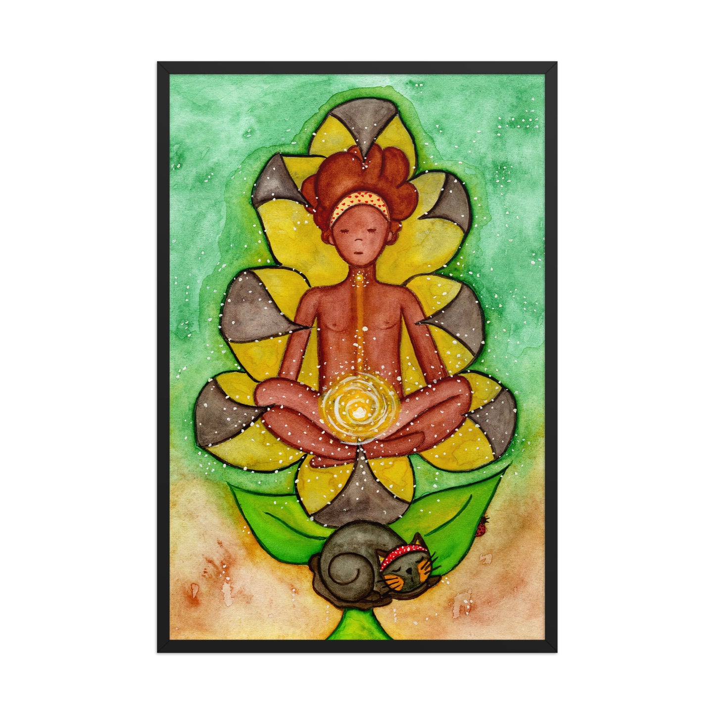 Poster of a woman's sacral chakra glowing and the energy around her.  This is a print of the original hand-painted watercolor by Brazilian artist Thaís Suizo for the LET'S MEDITATE SERIES of mediation guides.