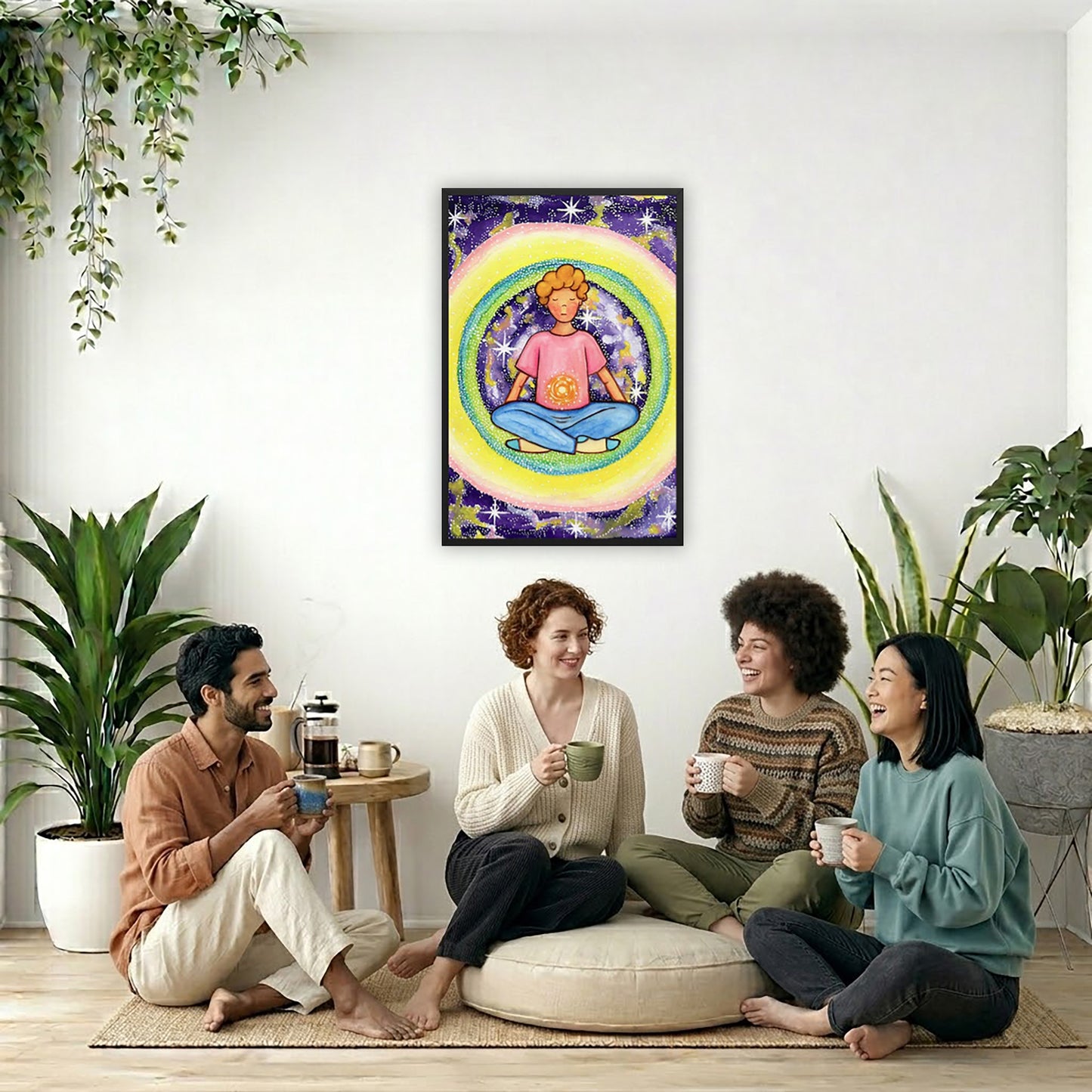 Framed poster of a young man meditating with his solar plexus glowing. He is basking in his colorful aura.  The poster is in the center of the living room wall. Four friends are sitting on the living room carpet below the poster. They are drinking coffee. To the left is a green floor plant and a hanging green plant. To the right of them is a green floor plant.
