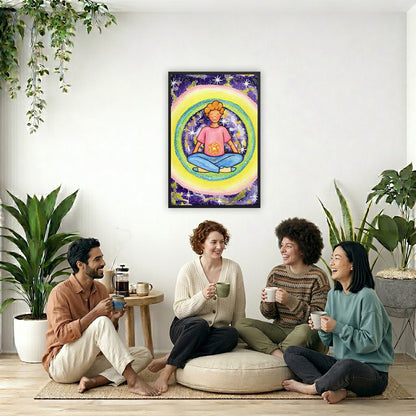 Framed poster of a young man meditating with his solar plexus glowing. He is basking in his colorful aura.  The poster is in the center of the living room wall. Four friends are sitting on the living room carpet below the poster. They are drinking coffee. To the left is a green floor plant and a hanging green plant. To the right of them is a green floor plant.
