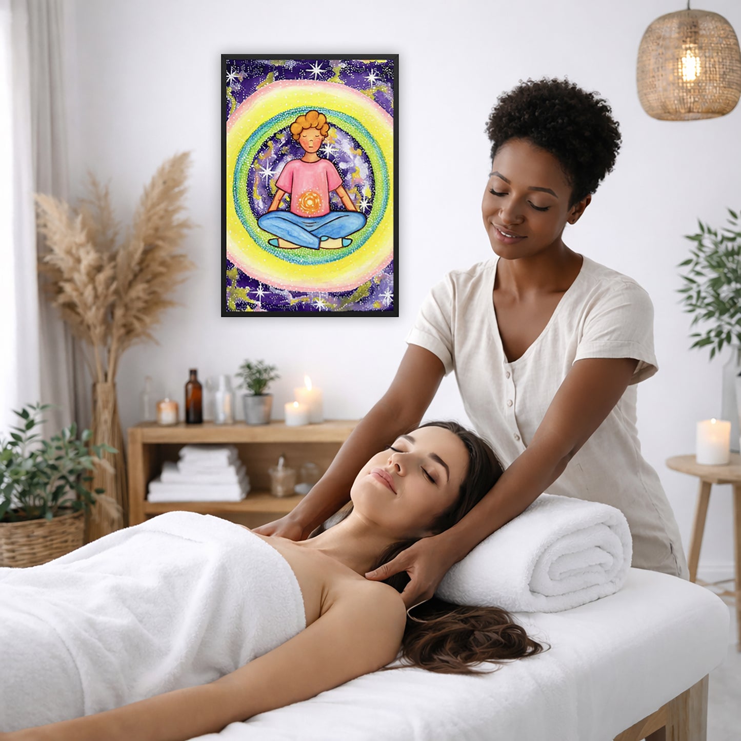 Framed poster of a young man meditating with his solar plexus glowing. He is basking in his colorful aura.  The poster is on the wall of the office of a massage therapist. The therapist is giving her female client a massage. The client is lying face up on a massage table wearing a white towel. To the left is a window, floor plant and large vase of dry flora. A shelf is underneath the poster with candles burning. There is a candle burning on a small table and a hanging lamp with a wicker shade on the right s