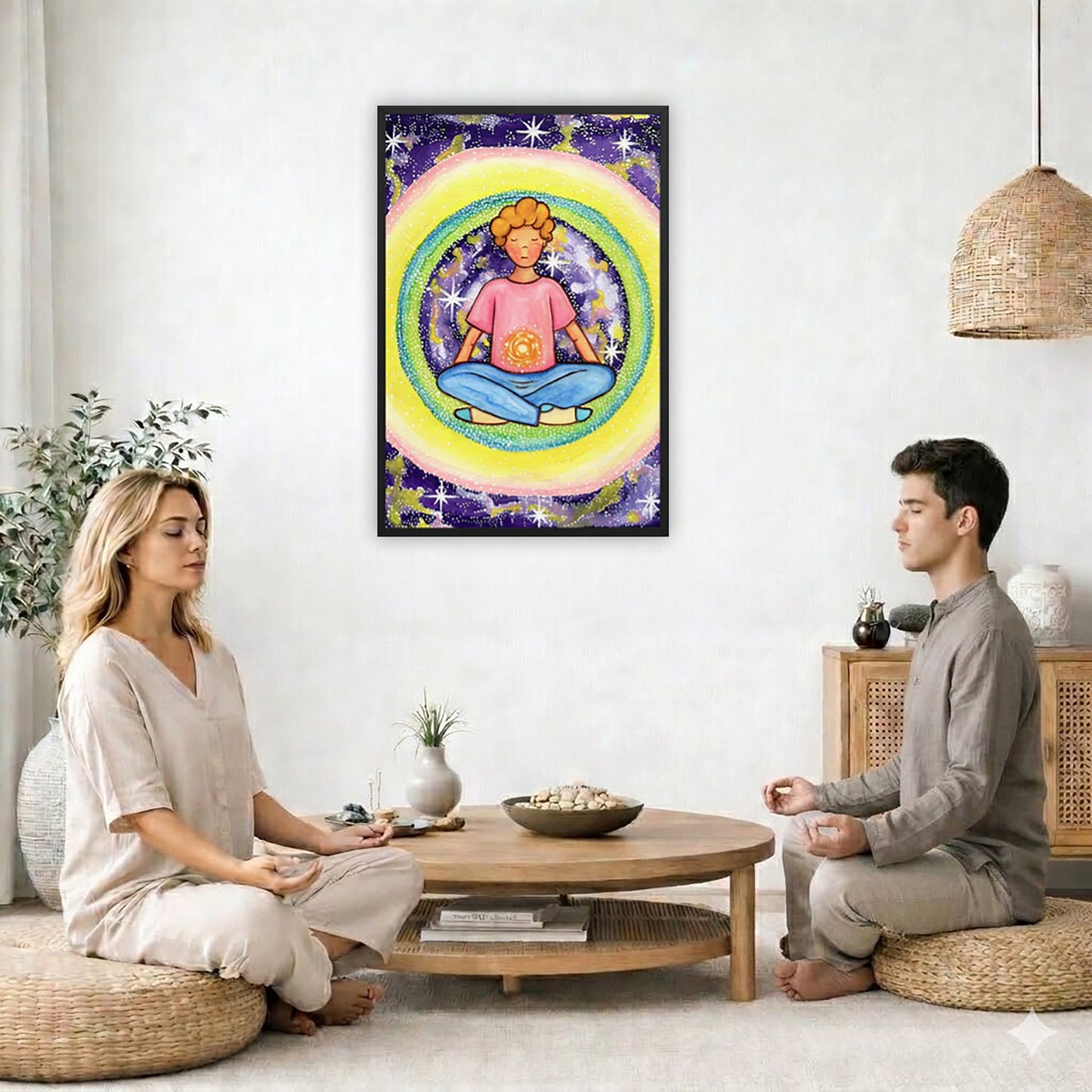 Framed poster of a young man meditating with his solar plexus glowing. He is basking in his colorful aura.  The poster is in the center of the living room wall. Two friends are sitting on wicker pillows meditating. Between them is a small round coffee table with incense, a green potted plant and a bowl of shells. There is a potted plant to the left and a Buddha statue and a vase to the right. 