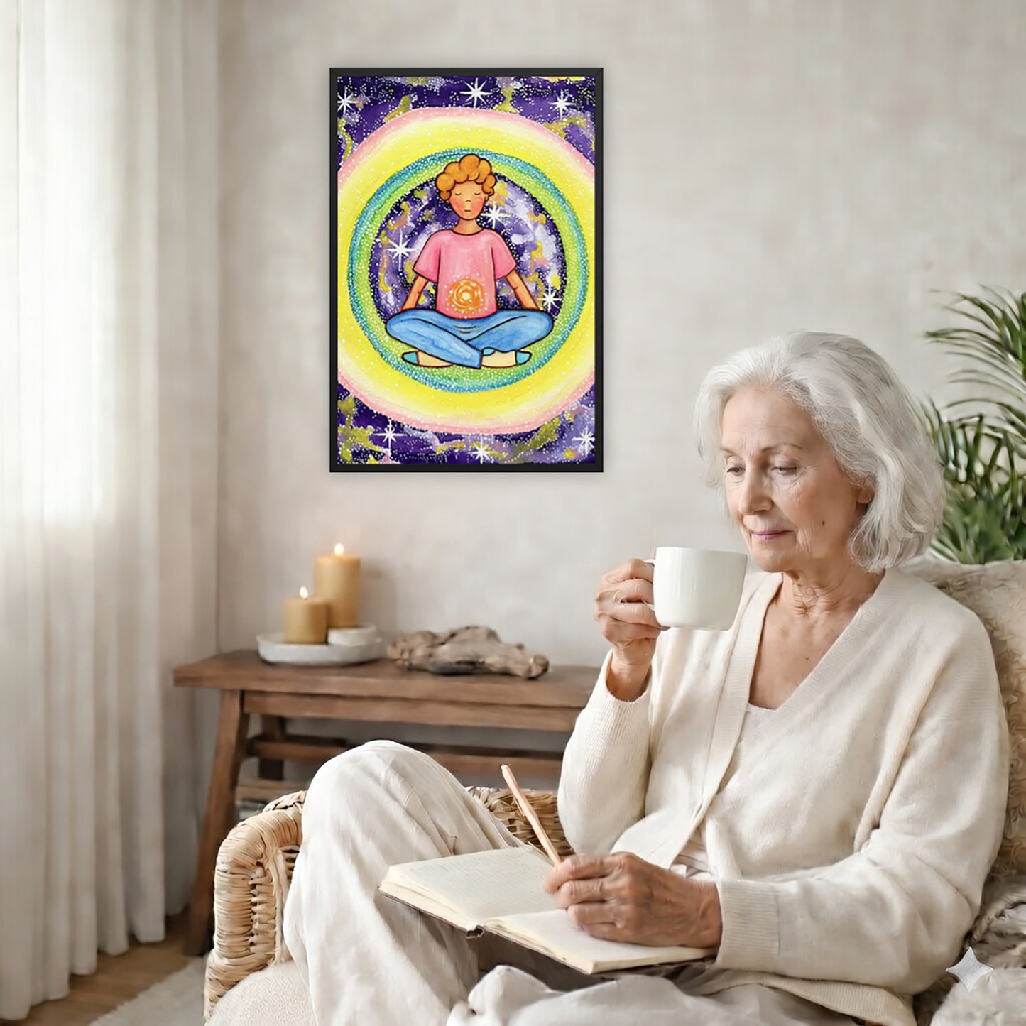 Framed poster of a young man meditating with his solar plexus glowing. He is basking in his colorful aura.  The poster is in the center of the living room wall. There is a coffee table below the poster with burning candles. A woman is sitting in a wicker chair on the right side of the poster with a cup of tea writing in her journal.
