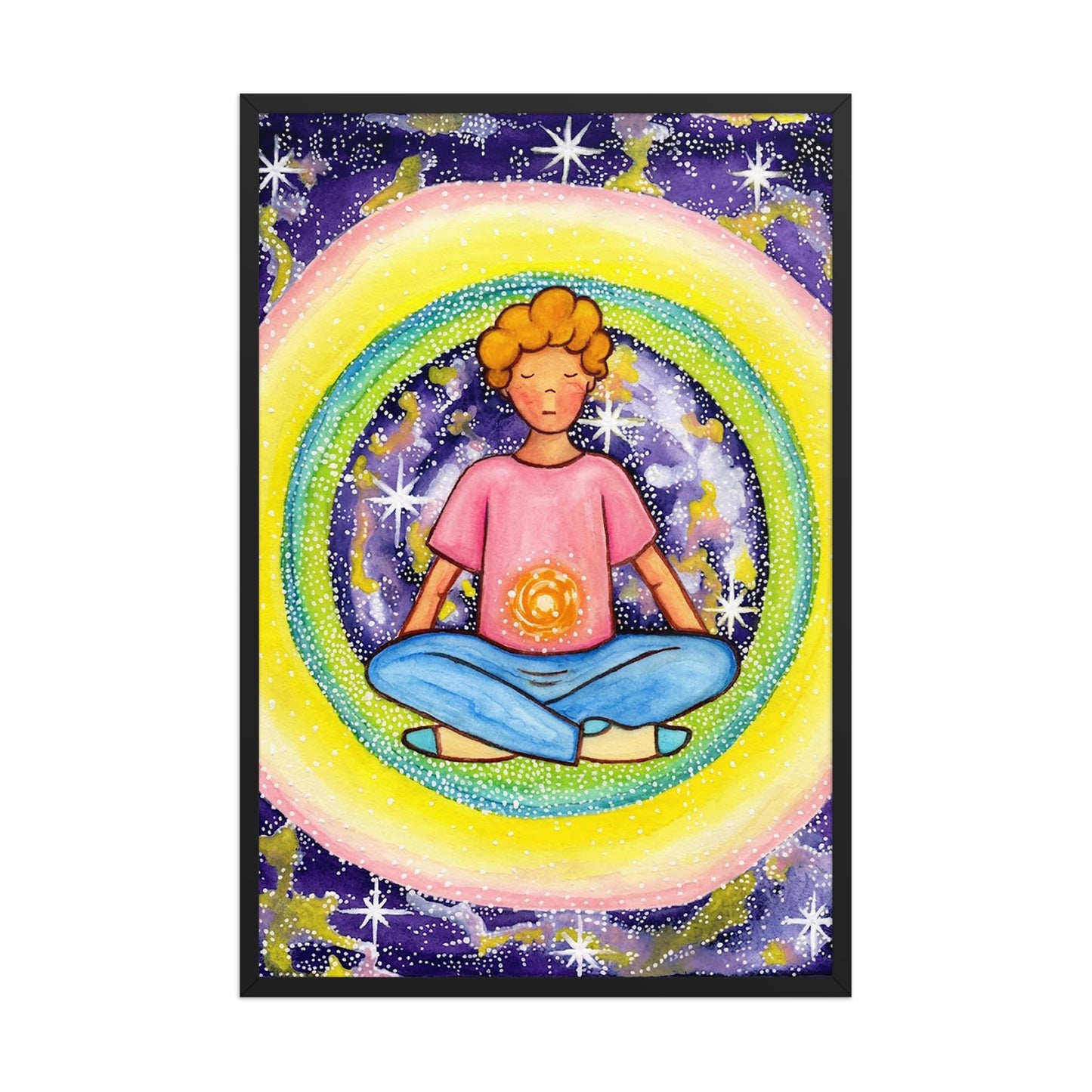 Framed poster of a young man meditating with his solar plexus glowing. He is basking in his colorful aura.  This is a print of the original hand-painted watercolor by Brazilian artist Thaís Suizo for the LET'S MEDITATE SERIES of mediation guides.
 