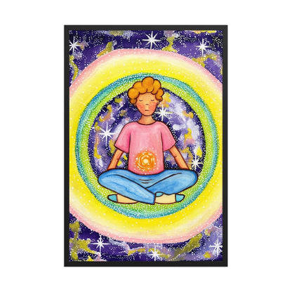 Framed poster of a young man meditating with his solar plexus glowing. He is basking in his colorful aura.  This is a print of the original hand-painted watercolor by Brazilian artist Thaís Suizo for the LET'S MEDITATE SERIES of mediation guides.
 