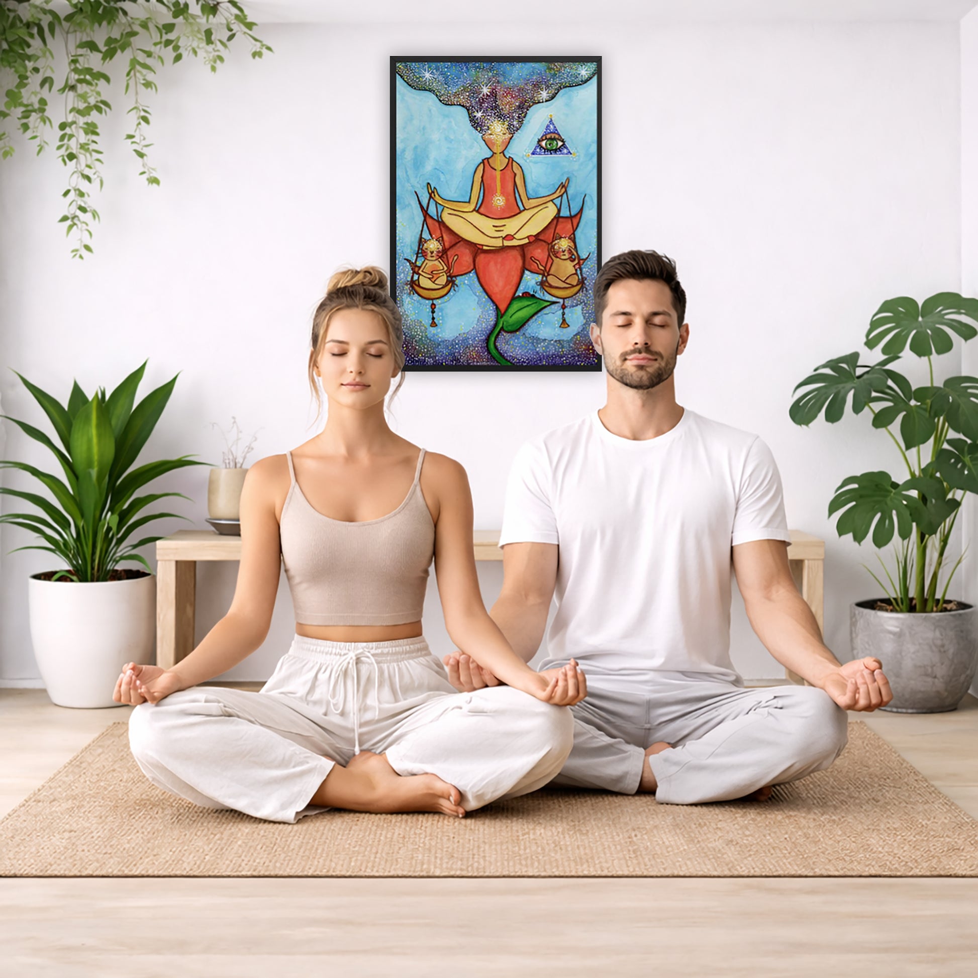 Framed poster of a woman sitting on a lotus with a glowing brow chakra holding a large set of scales. The poster is in the center of the living room wall. A couple are sitting on the living room carpet meditating. To the left is a green floor plant and a hanging green plant. To the right of them is a green floor plant.
