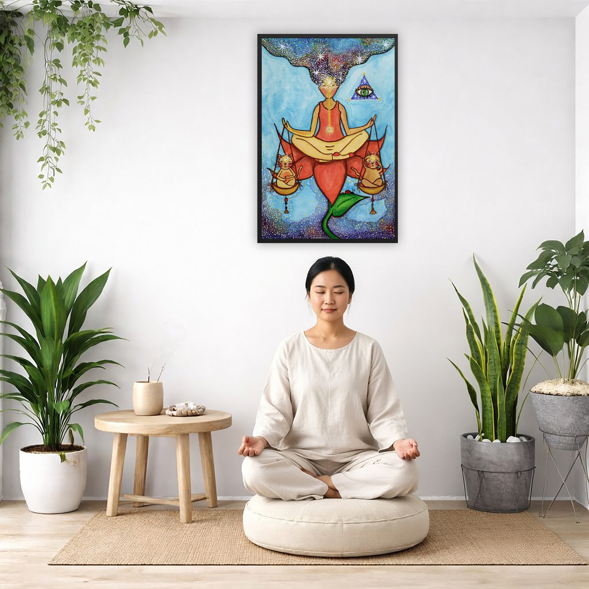 Framed poster of a woman sitting on a lotus with a glowing brow chakra holding a large set of scales. There is a woman meditating on a pillow facing away from the wall. There is a small table beside her with incense and meditation stones. There are potted plants on the right and left side of the background.
