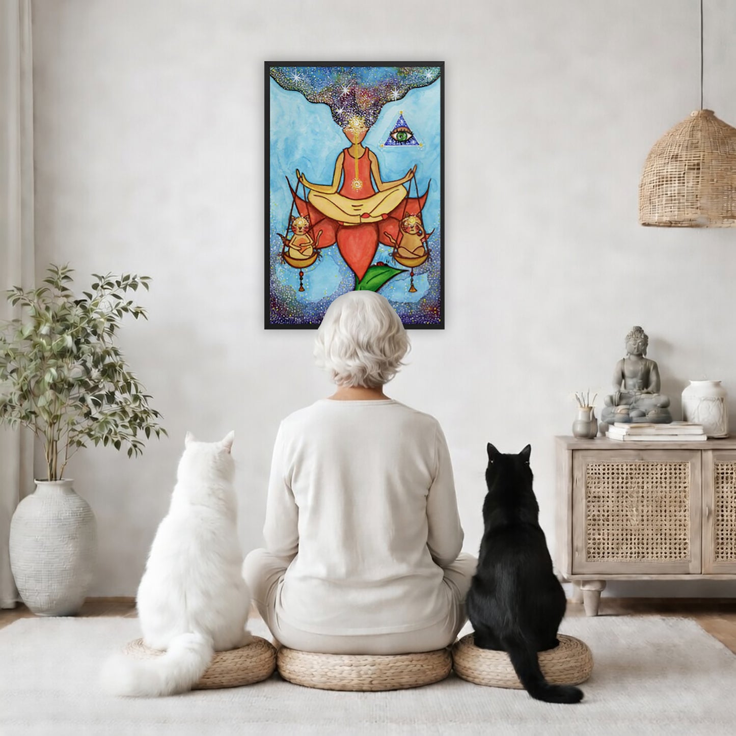 Framed poster of a woman sitting on a lotus with a glowing brow chakra holding a large set of scales.  The poster is in the center of the living room wall. A woman is meditating facing the poster with a white cat on her left side and a black cat on her right side. There is a potted plant on the left side and a cabinet with a Buddha statue on it on the right side. 
