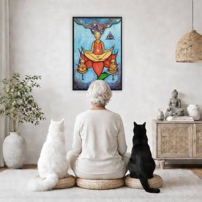 Framed poster of a woman sitting on a lotus with a glowing brow chakra holding a large set of scales.  The poster is in the center of the living room wall. A woman is meditating facing the poster with a white cat on her left side and a black cat on her right side. There is a potted plant on the left side and a cabinet with a Buddha statue on it on the right side. 
