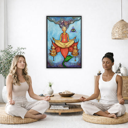 Framed poster of a woman sitting on a lotus with a glowing brow chakra holding a large set of scales.  The poster is in the center of the living room wall. Two women are sitting on a giant pillow having a coffee. Beside them is a small tray with a pot of coffee and incense. To the left is a green floor plant and a hanging green plant. To the right of them is a green floor plant.