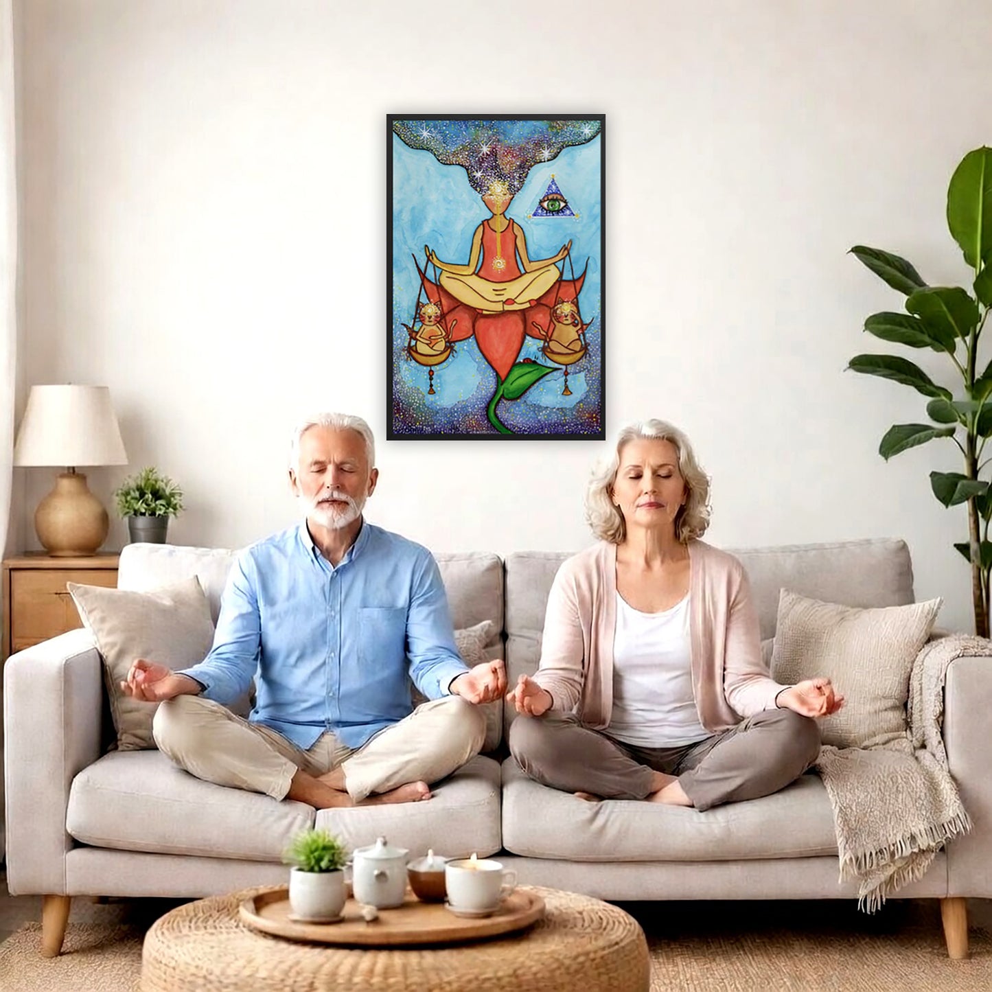 Framed poster of a woman sitting on a lotus with a glowing brow chakra holding a large set of scales.  A couple is meditating on their couch. The poster is framed on a wall behind them. There is a coffee table in front with candles burning and a potted plant. There is a potted plant to the right and shelves on the left.
