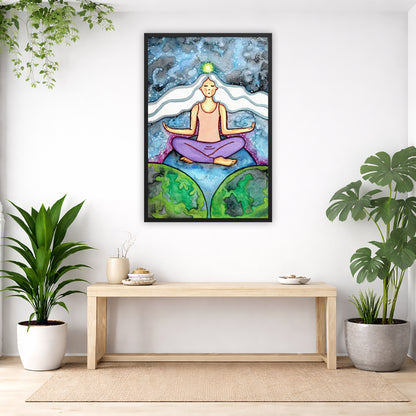 Framed poster of a meditating woman with her crown chakra glowing.  The poster is in the center of the living room wall. Below the poster is a bench. On the bench is burning incense and a couple of bowls. There is a green potted plant on both the left and right side of the bench. There is a hanging plant on the left.
