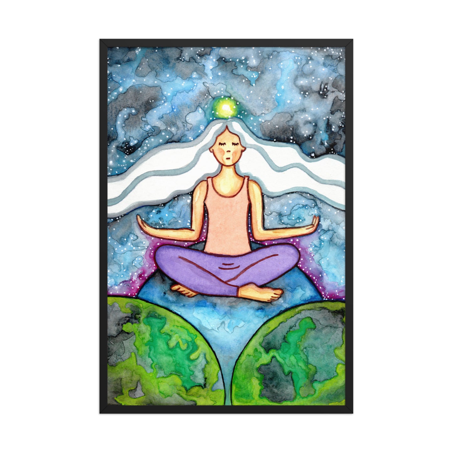 Framed poster of a meditating woman with her crown chakra glowing.  This is a framed print of the original hand-painted watercolor by Brazilian artist Thaís Suizo for the LET'S MEDITATE SERIES of mediation guides.
