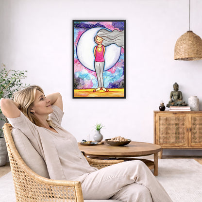 Framed poster of a woman's heart chakra glowing with beautiful love energy. The poster is in the center of the living room wall. To the left a woman is relaxing in her chair with her hands behind her head. There is a small coffee table beside her with a bowl of walnuts, incense and a small green plant. On the right side of the room is a cabinet with a Buddha statue, books and an urn on it. To the left is a green floor plant.
