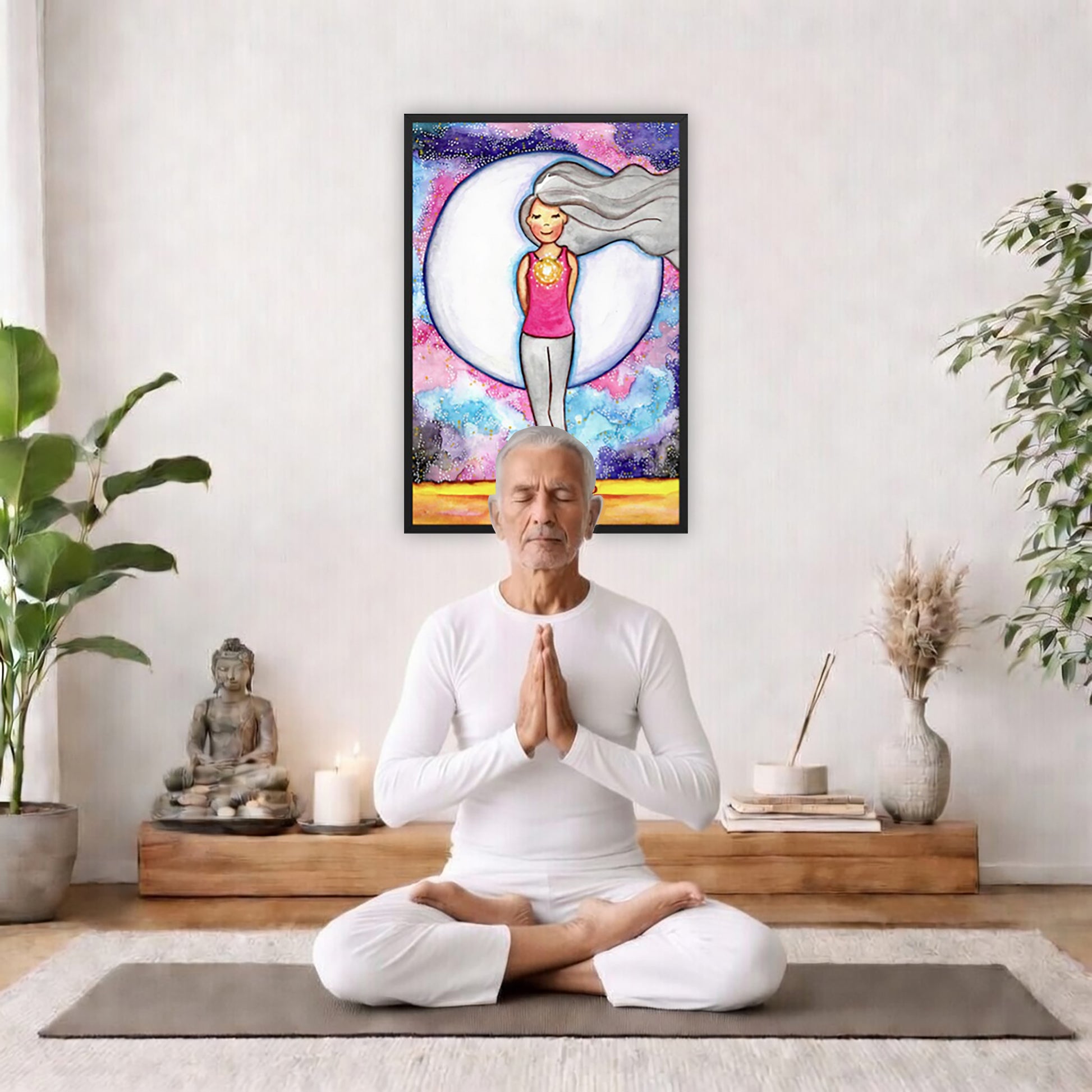 Framed poster of a woman's heart chakra glowing with beautiful love energy.   The poster is framed hanging on a living room wall. A man is mediating facing the poster. There is a coffee table in front of him with burning candles and a Buddha statue. There are green potted plants on each side of the room.
