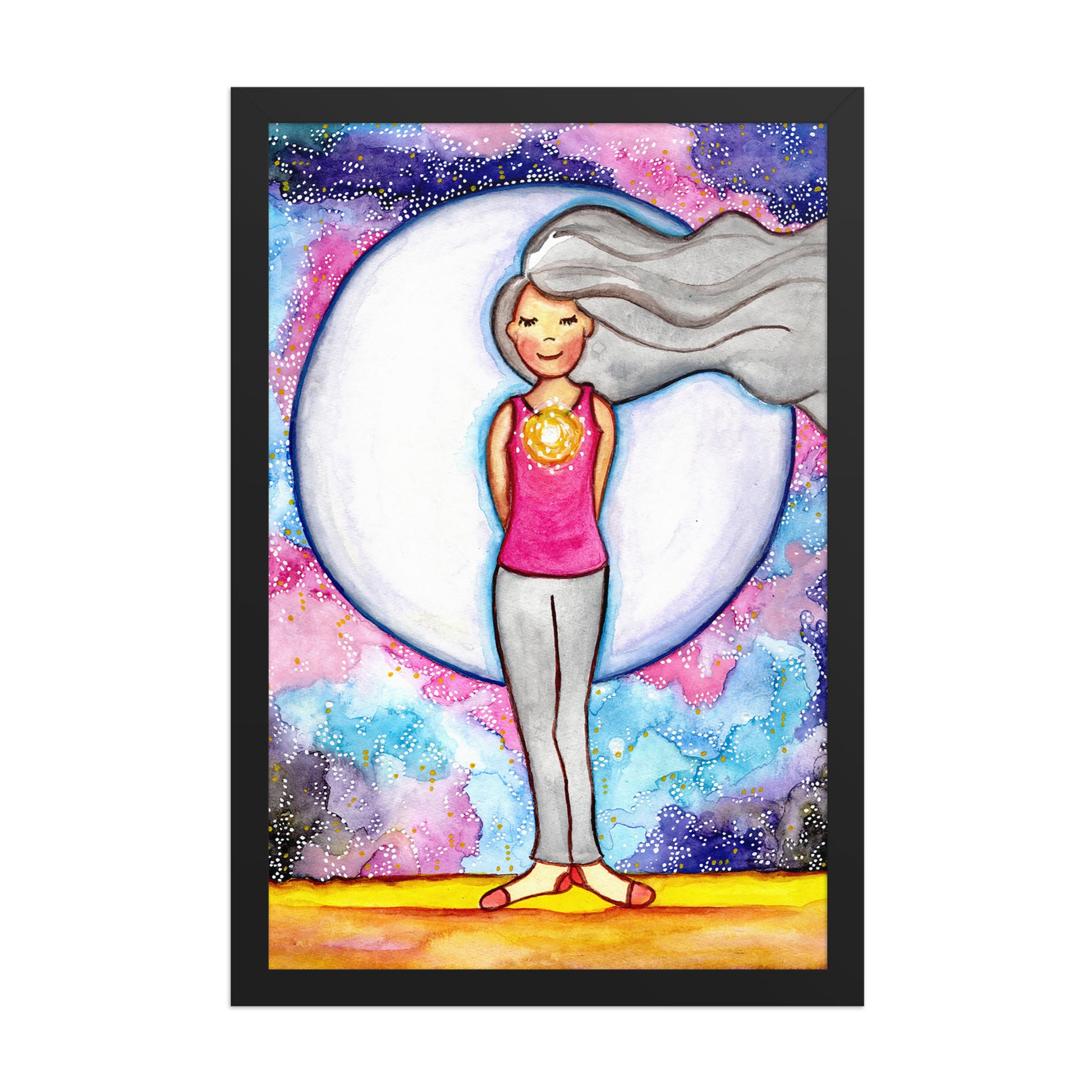Framed poster of a woman's heart chakra glowing with beautiful love energy. This is a print of the original hand-painted watercolor by Brazilian artist Thaís Suizo for the LET'S MEDITATE SERIES of mediation guides. 