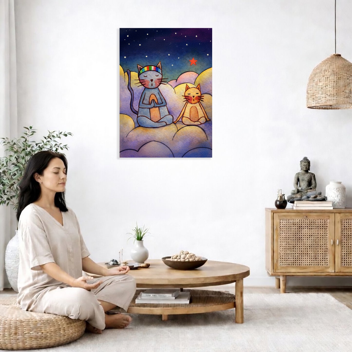 Woman meditating in a modern living room with a colorful painting of two cats on the wall.