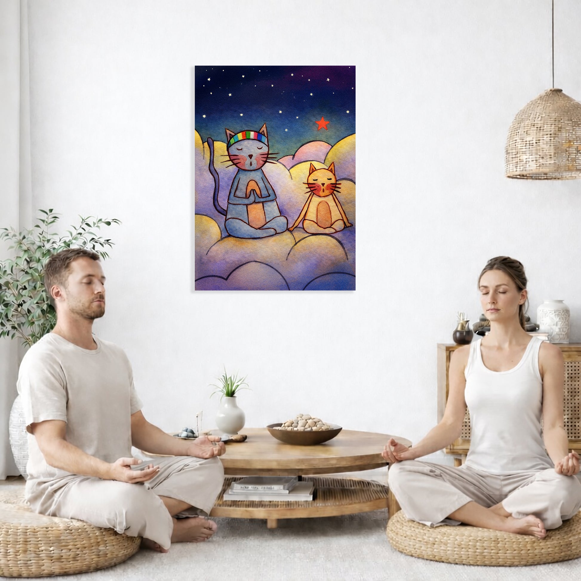 Two people meditating in a room with a colorful painting of two cats on the wall.