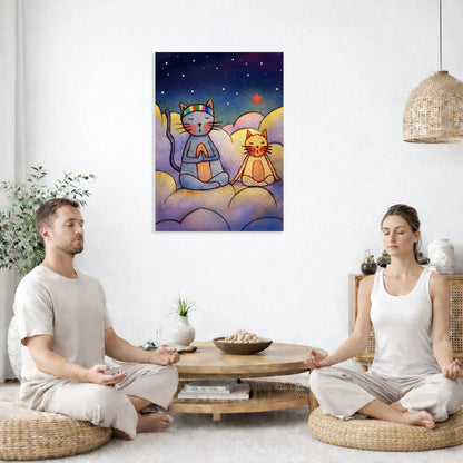 Two people meditating in a room with a colorful painting of two cats on the wall.