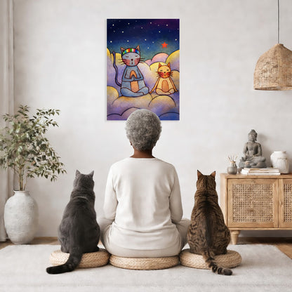 Two cats are meditating on a cloud at night. This is a print of the original hand-painted watercolor by Brazilian artist Thaís Suizo for the LET'S MEDITATE SERIES of mediation guides.  The poster is in the center of the living room wall. A woman is meditating facing the poster with a white cat on her left side and a black cat on her right side. There is a potted plant on the left side and a cabinet with a Buddha statue on it on the right side. 
