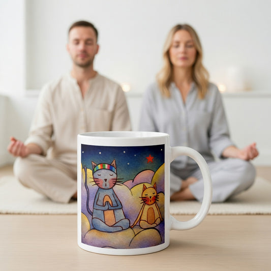 Two cats meditating on a cloud under the night sky mindfulness mug.  A large mug is at the bottom front displaying the design. There is a couple meditating in the background.
