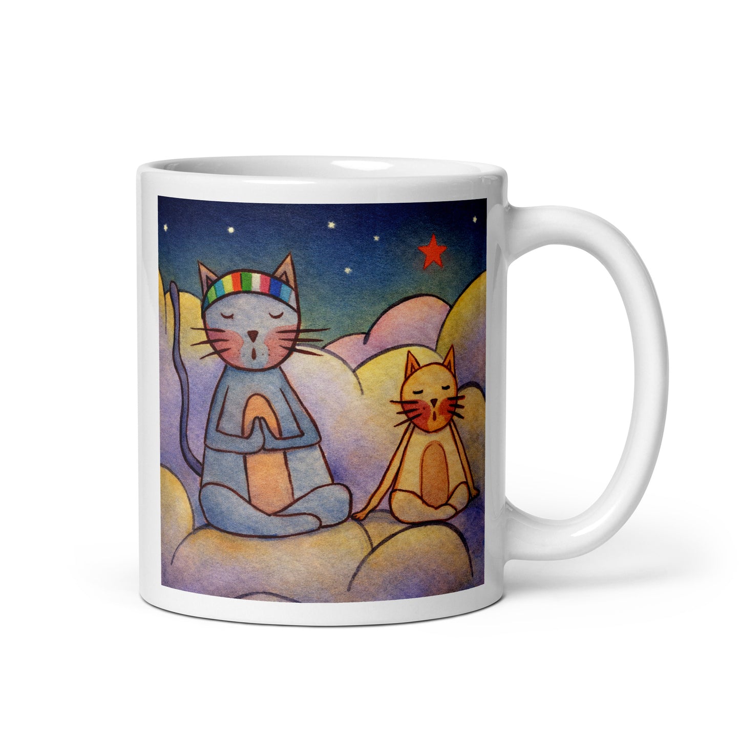 Two cats meditating on a cloud under the night sky mindfulness mug. This illustration of a cat meditating is on both sides of the mug. In this image the handle of the mug is on the right side.