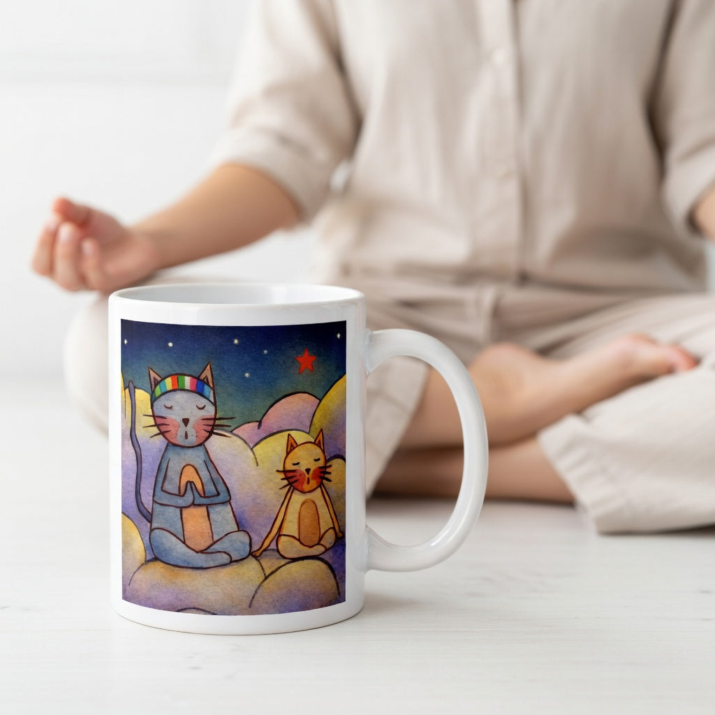 Two cats meditating on a cloud under the night sky mindfulness mug.  The mug is on the floor at the bottom center of the image. In the background a woman is meditating.