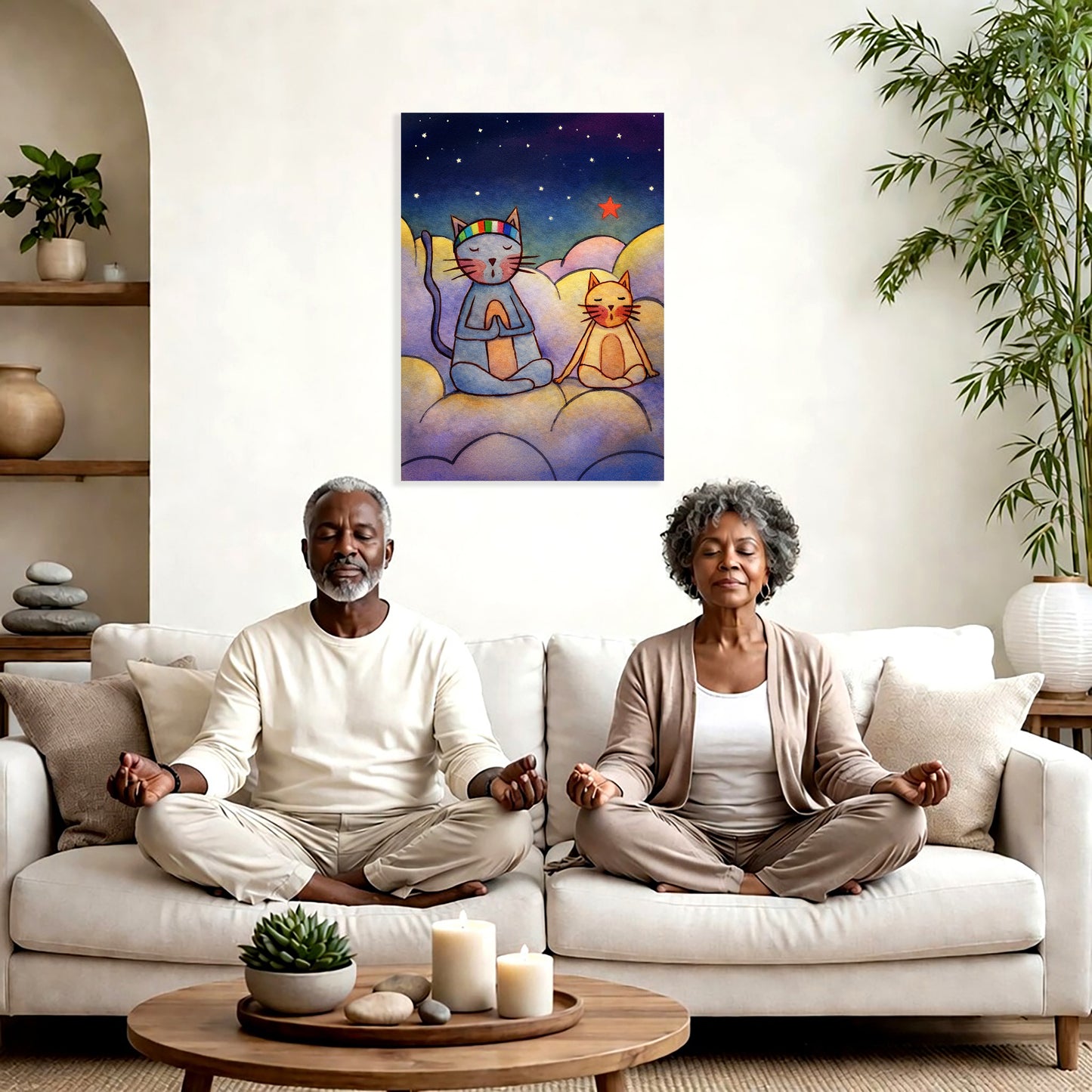 Two people meditating on a couch with a colorful painting of cats above them in a living room setting.