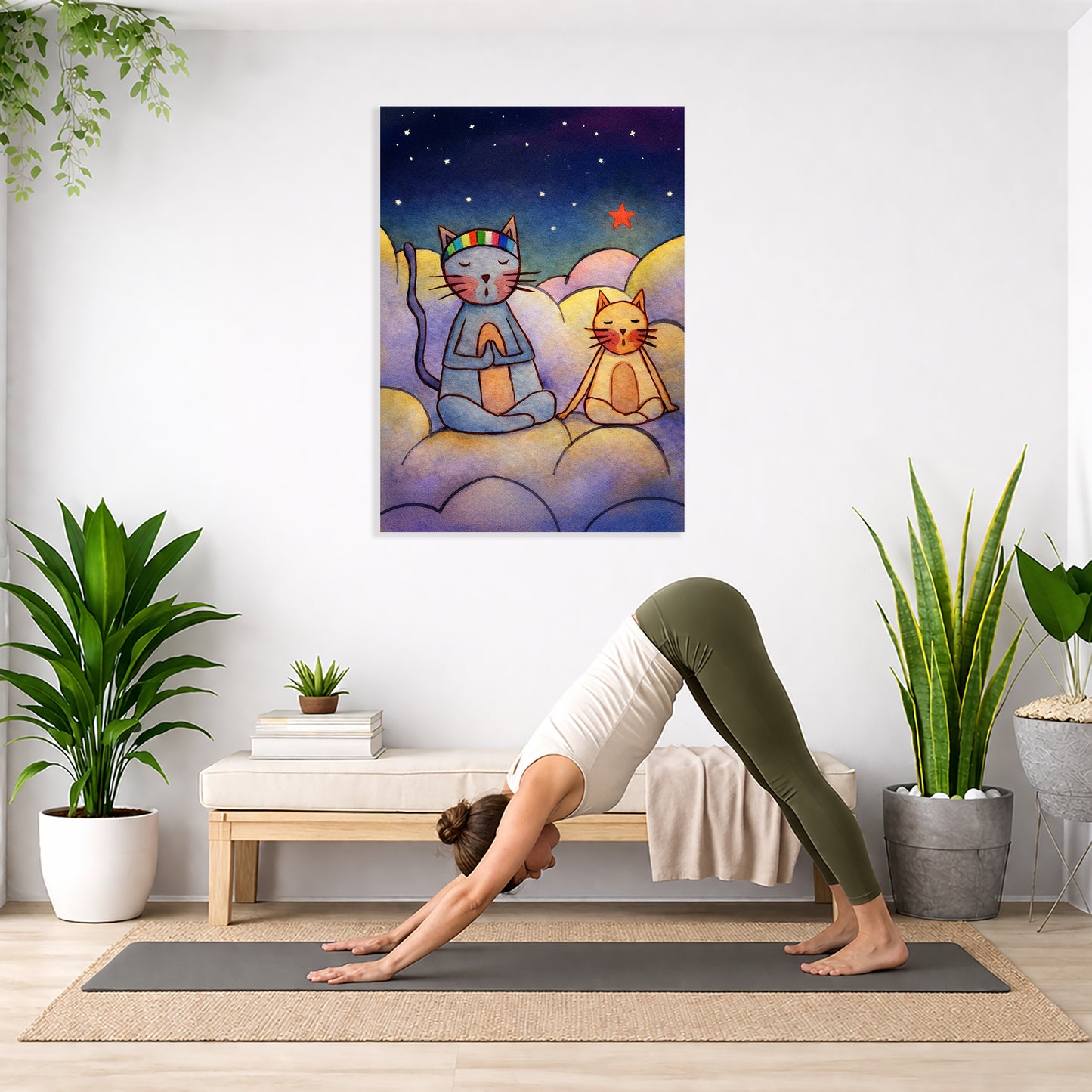 Person practicing yoga in a room with plants and a colorful wall art of cats.