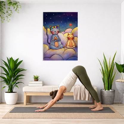 Person practicing yoga in a room with plants and a colorful wall art of cats.
