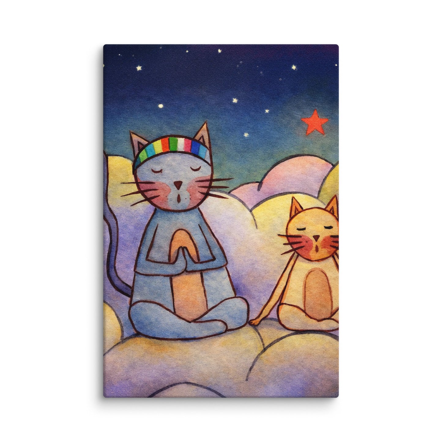Illustration of two cats sitting on a cloud with a star in the background