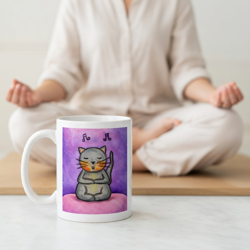 A gray cat is listening to music and chanting on a pink background with notes floating in the air mug. A woman is meditating in the background.