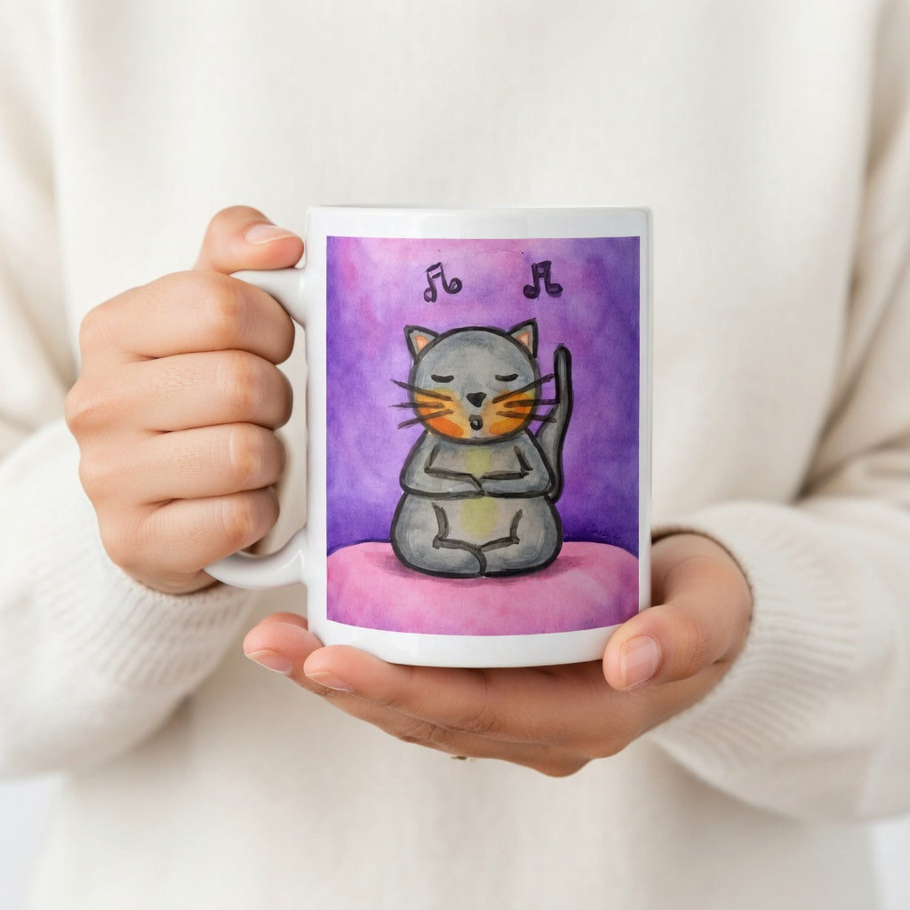 A gray cat is listening to music and chanting on a pink background with notes floating in the air mug.  The hands of a person wearing a white sweater are holding the mug up to display the design.