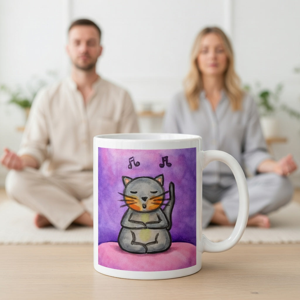 A gray cat is listening to music and chanting on a pink background with notes floating in the air mug. A large mug is at the bottom front displaying the design. There is a couple meditating in the background.