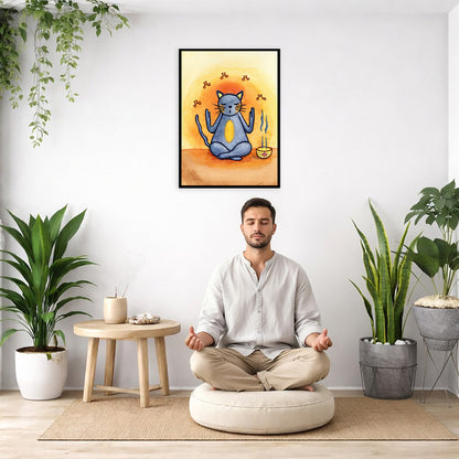 Gray cat chants with incense burning framed poster.  This is a print of the original hand-painted watercolor by Brazilian artist Thaís Suizo.  The poster is in the center of the living room wall. There is a man meditating facing away from the wall. He is sitting on a large cushion. To his right and left are green potted plants.
